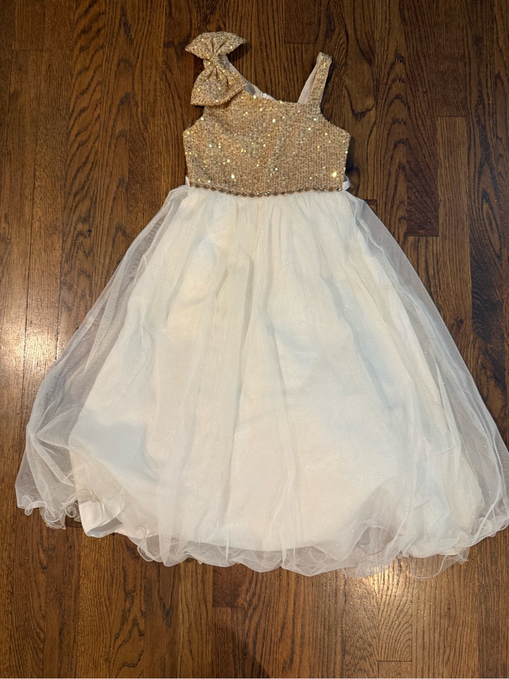 Sparkle Gold and White Tulle Kids Dress with Bow